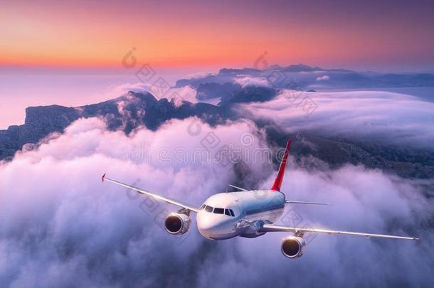 乘客飞机飞行的越过云在日落.飞机