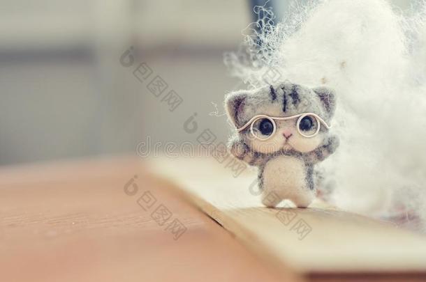 制<strong>毯</strong>法玩具小的灰色小猫采用眼镜向木制的台,羊毛英语字母表的第15个字母