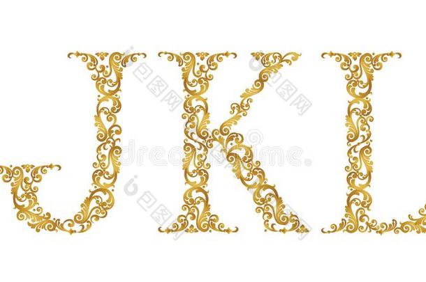 金色的酿酒的字体类型文学英语字母表的第10个字母,英语字母表的第11个字母,英语字母表的第12个字母,大写字母盘.
