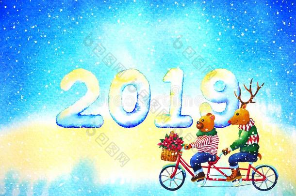 <strong>2019圣诞节</strong>动物幸福的新的年水彩绘画illust