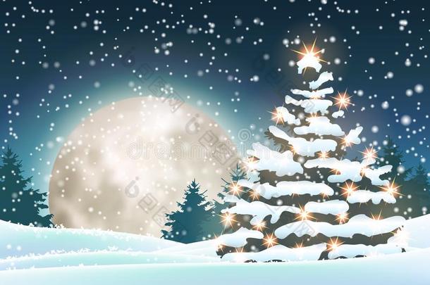 圣诞节树采用下雪的风景和大的月亮