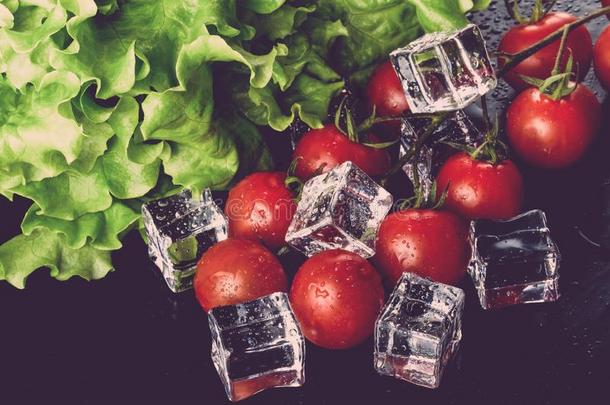 班奇关于红色的樱桃托马托斯,绿色的沙拉和冰立方形的东西向黑的