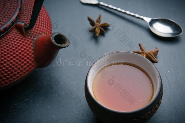 红色的茶壶和金属勺和杯子关于茶水
