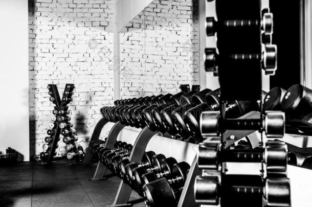 黑的和白色的照片关于重量训练设备采用现代的