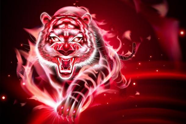 老虎和红色的燃烧的火焰