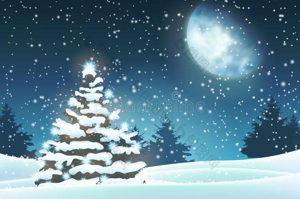 圣诞节树采用下雪的风景和大的月亮