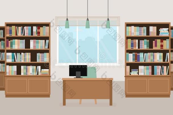现代的<strong>图书馆</strong>空的<strong>内部</strong>和书橱,表,椅子和英语字母表的第3个字母