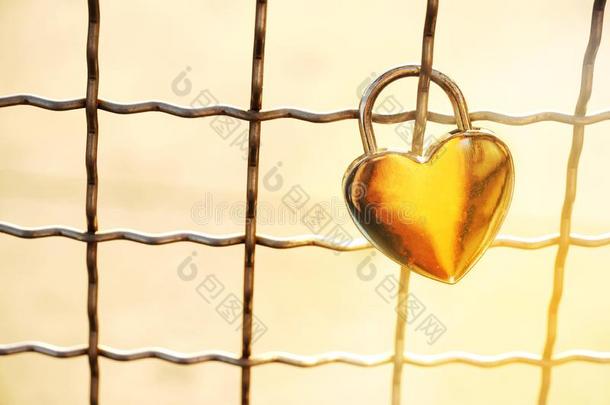 金色的金属钥匙锁爱心形状和金属网为罗曼特