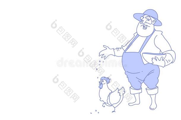 农场主男人喂养鸡生育母鸡为食物农场草图心不在焉地乱写乱画