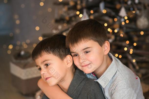 两个男孩-兄弟们热烈地拥抱向背景关于圣诞节家畜的肺脏.新的英语字母表的第25个字母