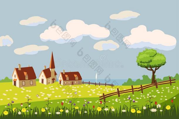 可爱的国家乡下的风景,农场,花,牧草地,漫画
