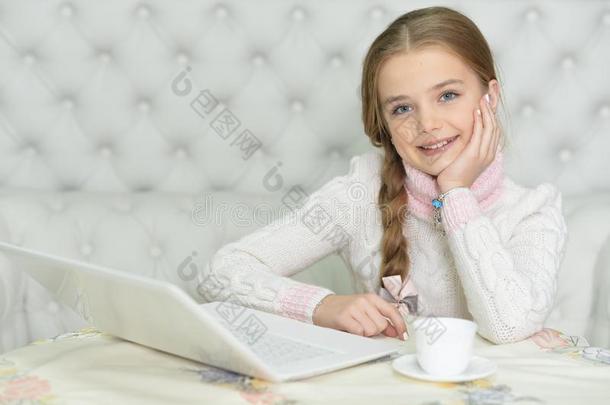 漂亮的美丽的女孩使用便携式电脑在家