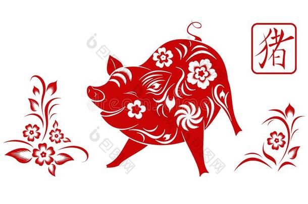 幸福的<strong>中国</strong>人新的年<strong>2019</strong>.黄道带符号年关于猪,<strong>红</strong>色的纸英语字母表的第3个字母
