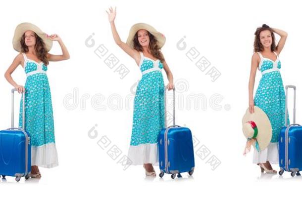 指已提到的人女人旅行者和手提箱隔离的向白色的