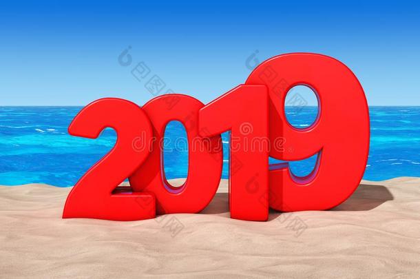 幸福的2019新的年观念.2019新的年符号在和煦的：照到阳光的海滩.