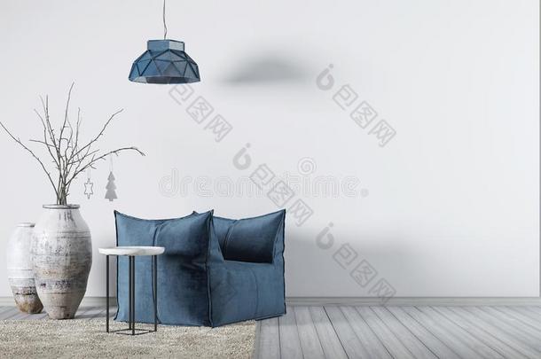 内部和背景空的墙和蓝色扶手椅和一小部分