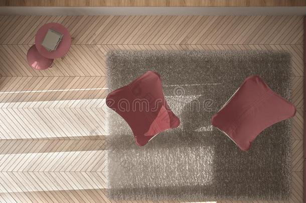 白色的和红色的最小的活的房间和扶手椅地毯,镶木地板