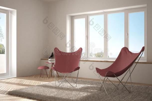 白色的和红色的最小的活的房间和扶手椅地毯,镶木地板