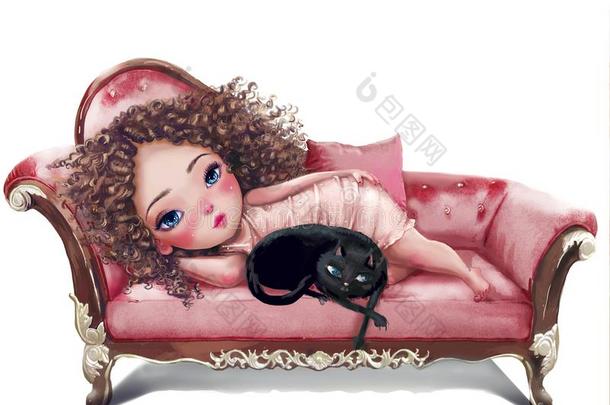 漫画女孩和猫向沙发