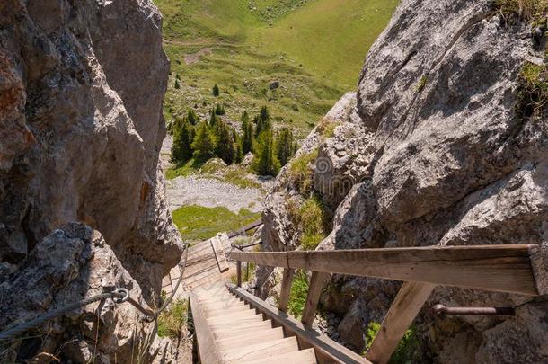 楼梯-装备的徒步旅行跟踪采用指已提到的人mounta采用s关于瑞士