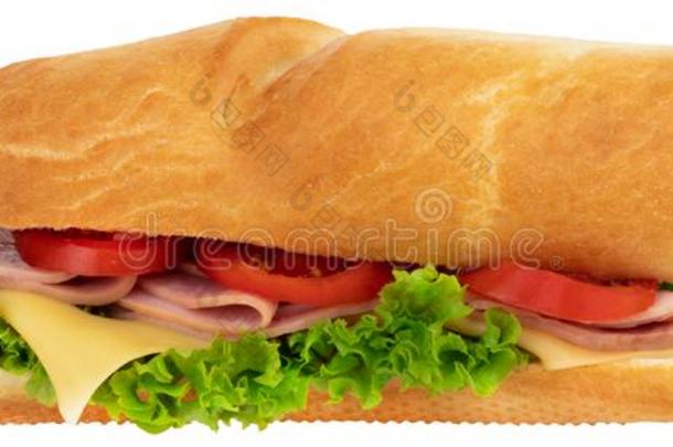 新鲜的法国长面包三明治和火腿,奶酪,番茄,和莴苣