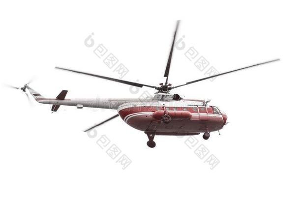 直升机和红色的机身隔离的向白色的背景