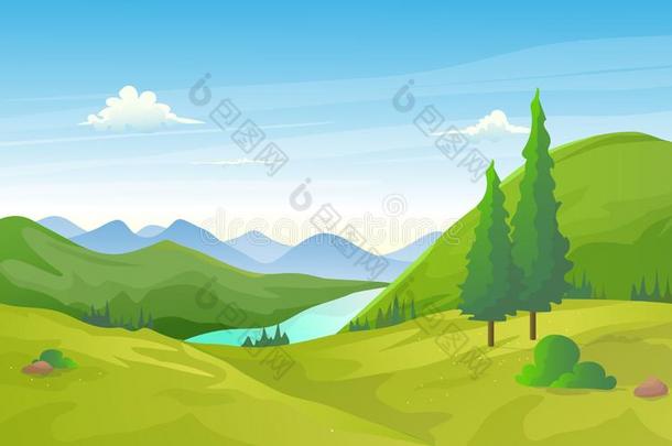 自然的绿色的山谷风景和河和山行.