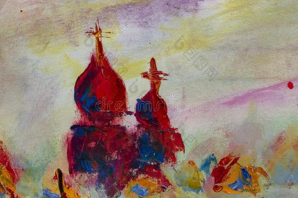 原始的油绘画向帆布.红色的教堂.现代的