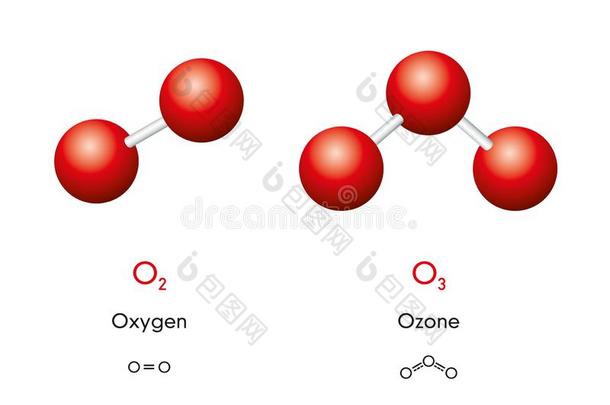 氧和臭氧分子模型和化学的公式
