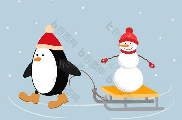 圣诞节企鹅采用一红色的h一tc一rries一snowm一n向一雪橇