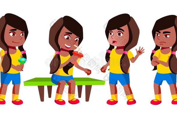 女孩幼儿园小孩使摆姿势放置矢量.黑的.非洲式发型美国人.PuertoRico波多黎各