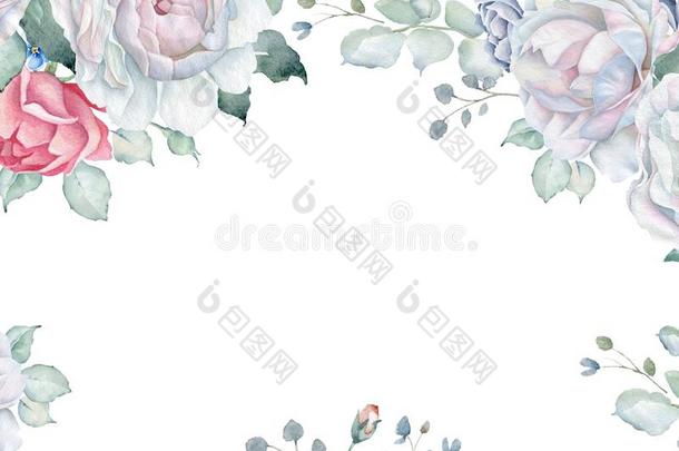 花的框架和玫瑰和别的花的s向白色的背景