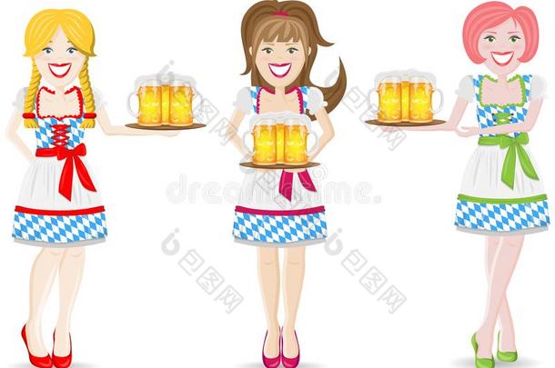 啤酒节女服务员啤酒放置隔离的矢量