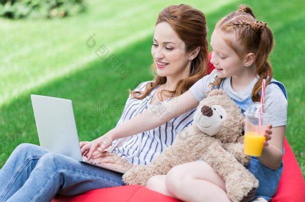 微笑的母亲和女儿使用便携式电脑在期间静止的向袋