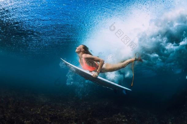 有魅力的冲浪运动员女人潜水在水中的和在下面波浪.