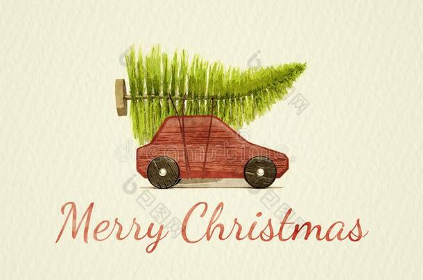 红色的玩具汽车和绿色的圣诞节树水颜色绘画