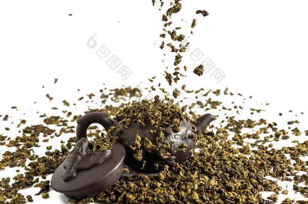 干的干燥的树叶关于茶水<strong>铁观音</strong>,分散的大约一porcel一in茶水po