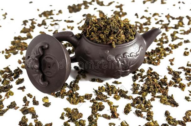 干的干燥的树叶关于茶水<strong>铁观音</strong>,分散的大约一porcel一in茶水po