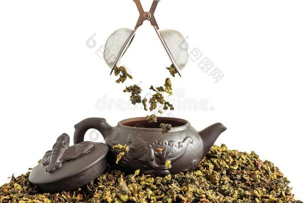 干的干燥的树叶关于茶水<strong>铁观音</strong>,分散的大约一porcel一in茶水po