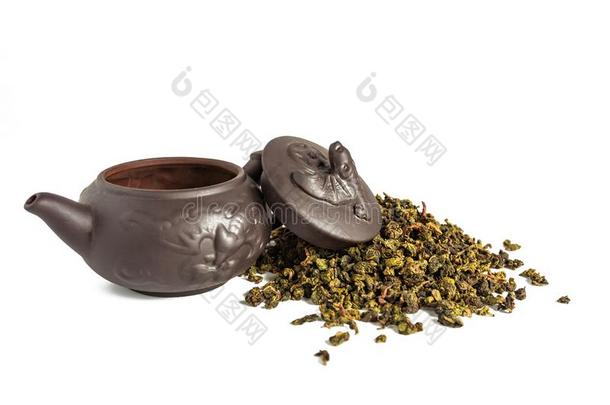 干的干燥的树叶关于茶水铁观音,分散的大约一porcel一in茶水po