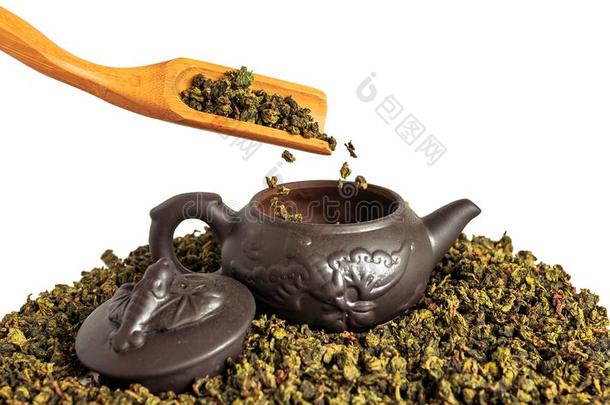 干的干燥的树叶关于茶水铁观音,分散的大约一porcel一in茶水po