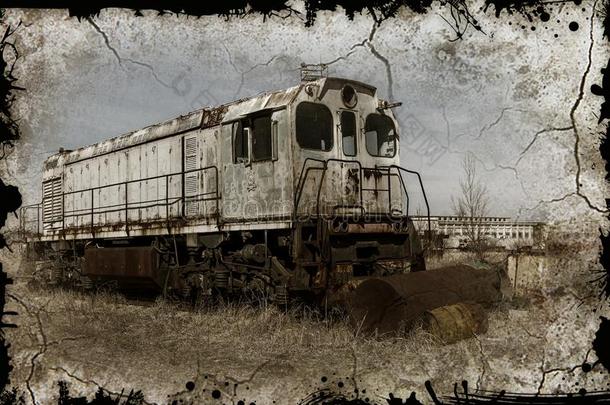 老的生锈的火车火车头投进入中拒绝地带关于Chernob