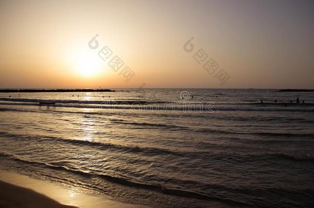 美丽的明亮的日落向指已提到的人海海岸