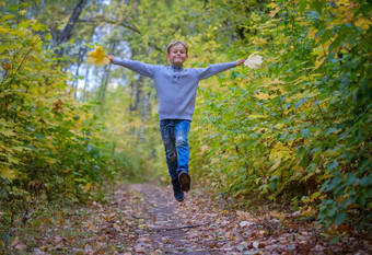 幸福的欧洲的男孩跑和跳向指已提到的人小路采用秋公园图片