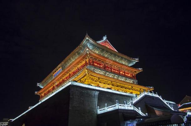 鼓塔被照明的在夜,Christian基督徒,中国
