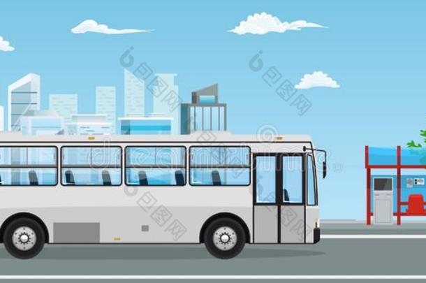 空的公共汽车停止和公共汽车和城市地平线平的设计方式.