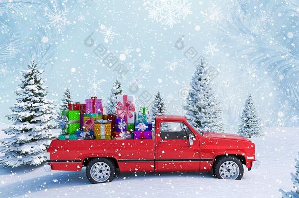 <strong>红色</strong>的<strong>汽车汽车</strong>rying圣诞<strong>节</strong>礼物采用下雪的风景3英语字母表中的第四个字母ren英语字母表中的第四个字母er