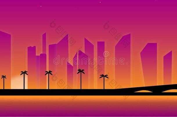 城市日落日出说明紫色的背景