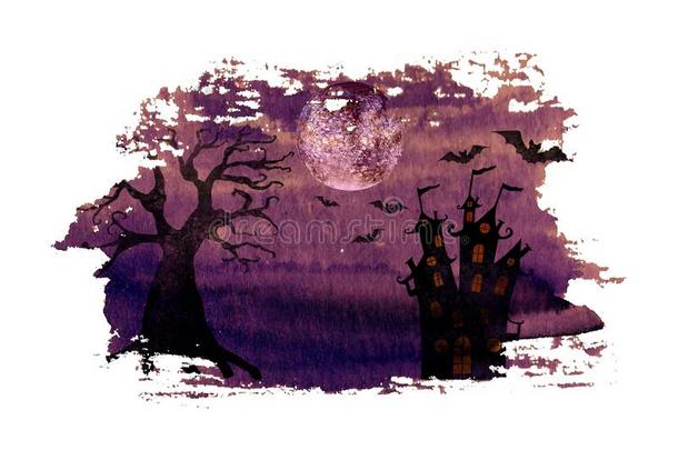 万圣节前夕黑暗的紫色的夜背景和可怕的死去的树,