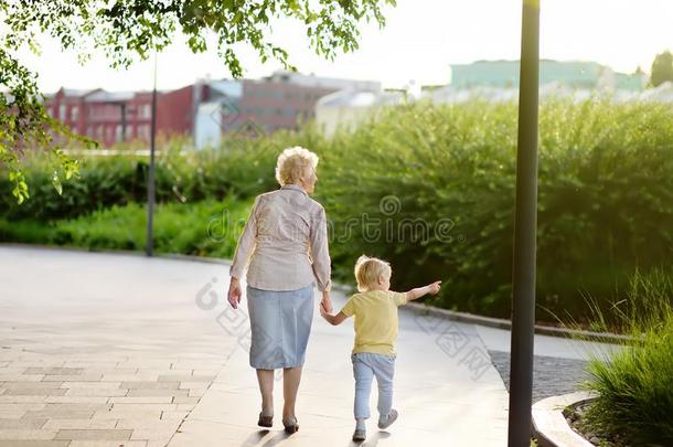 美丽的奶奶和她小的gr和child步行toget她采用英语字母表的第16个字母